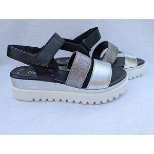 Gabor Women's Chunky Platform Sandals Sz 8.5 Silver Black Crossover Wedge